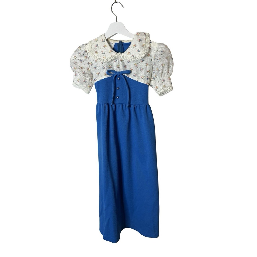 Vintage JCPenny‎ sz 7 iron girls blue floral 70s dress